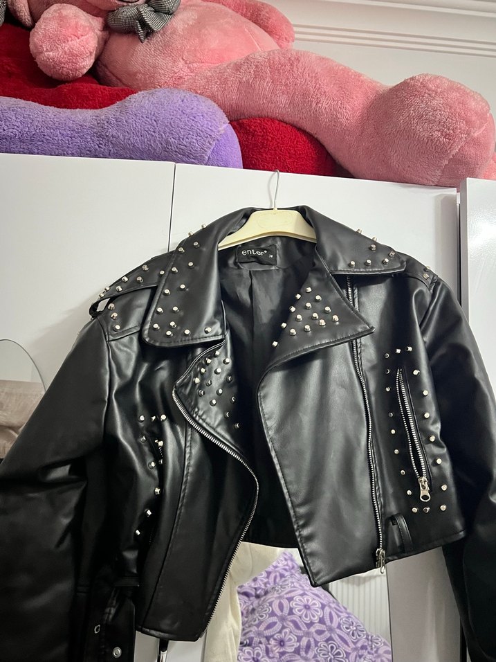 Kadın Siyah Deri Biker Ceket - Görsel 2