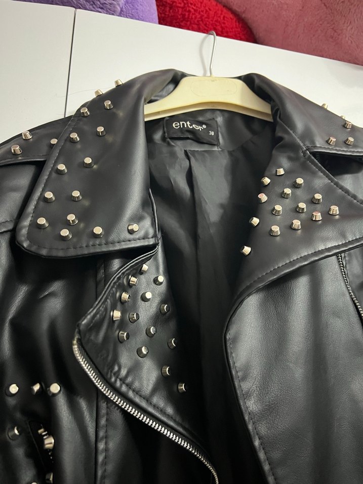 Kadın Siyah Deri Biker Ceket - Görsel 3