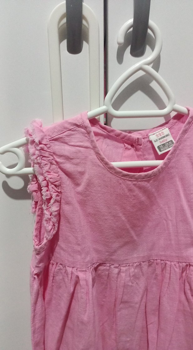 Kız Çocuk Pembe Keten Fırfırlı Elbise - Görsel 3