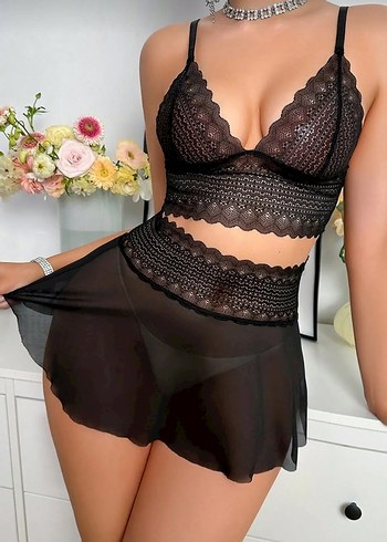 İşlemeli Siyah Mini Gotik Kadın Pijama Takımı - Görsel 2