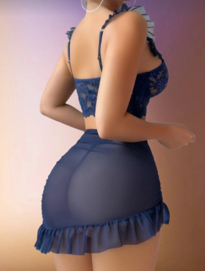 Seksi Dantel Detaylı Lacivert Büstiyer ve Etek - Görsel 2
