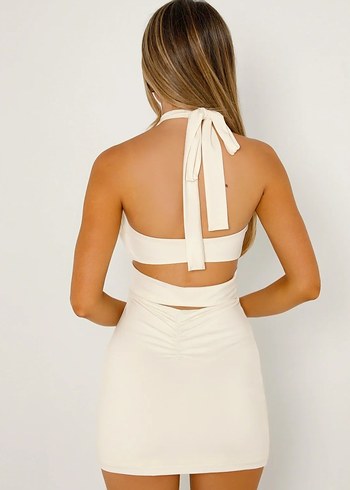 Beyaz Drapeli Straplez Mini Elbise - Görsel 4