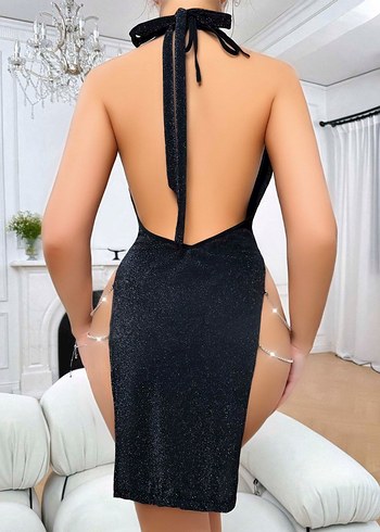 Parlak Siyah V Yaka Mini Elbise - Görsel 3