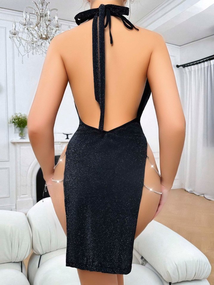 Parlak Siyah V Yaka Mini Elbise - Görsel 3