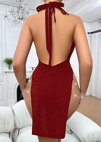 Bordo Parlak Mini Elbise - Görsel 3