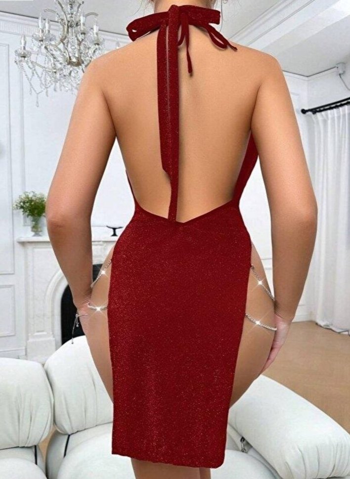 Bordo Parlak Mini Elbise - Görsel 3