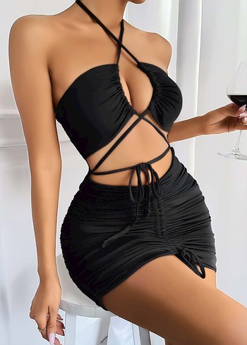 Siyah Drapeli Straplez Mini Elbise - Görsel 2