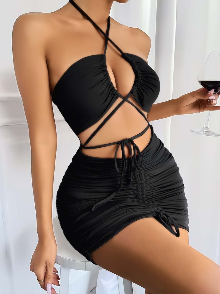 Siyah Drapeli Straplez Mini Elbise - Görsel 2