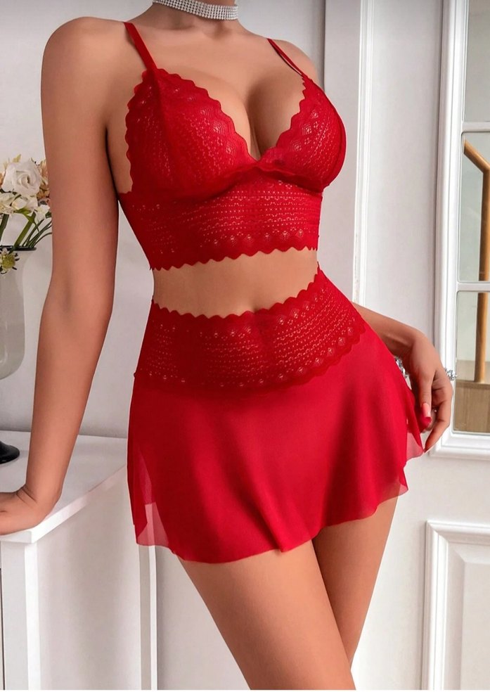 Kırmızı Dantelli Mini Kadın Pijama Takımı - Görsel 2