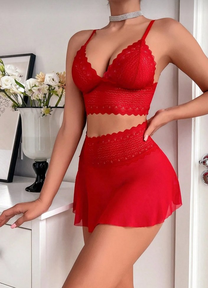 Kırmızı Dantelli Mini Kadın Pijama Takımı - Görsel 4