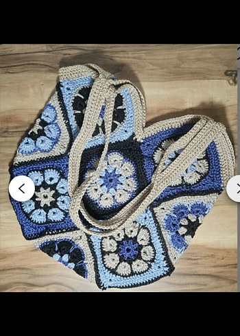 Mavi Çiçek Desenli Örgü Bohem Kadın Çantası