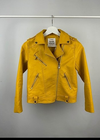 Sarı Parlak Biker Deri Ceket