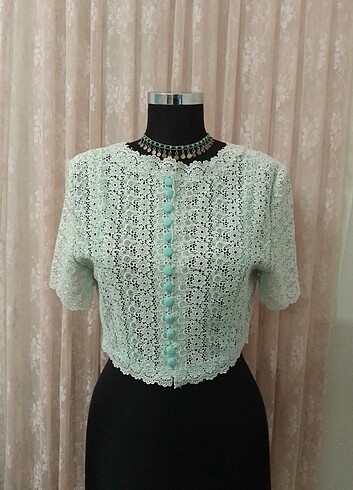 Su yeşili crop bluz güpür dantelli ön düğmeli vintage yeni
