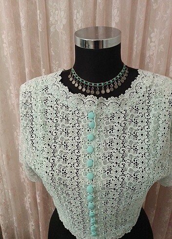 American Vintage Su yeşili crop bluz güpür dantelli ön düğmeli vintage yeni