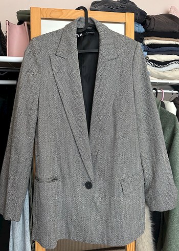 Zara Gri Melanj Tek Dugmeli Blazer Ceket
