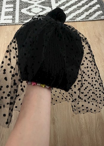 Siyah Puantiyeli Tül Detaylı Kadın Bere - Görsel 5