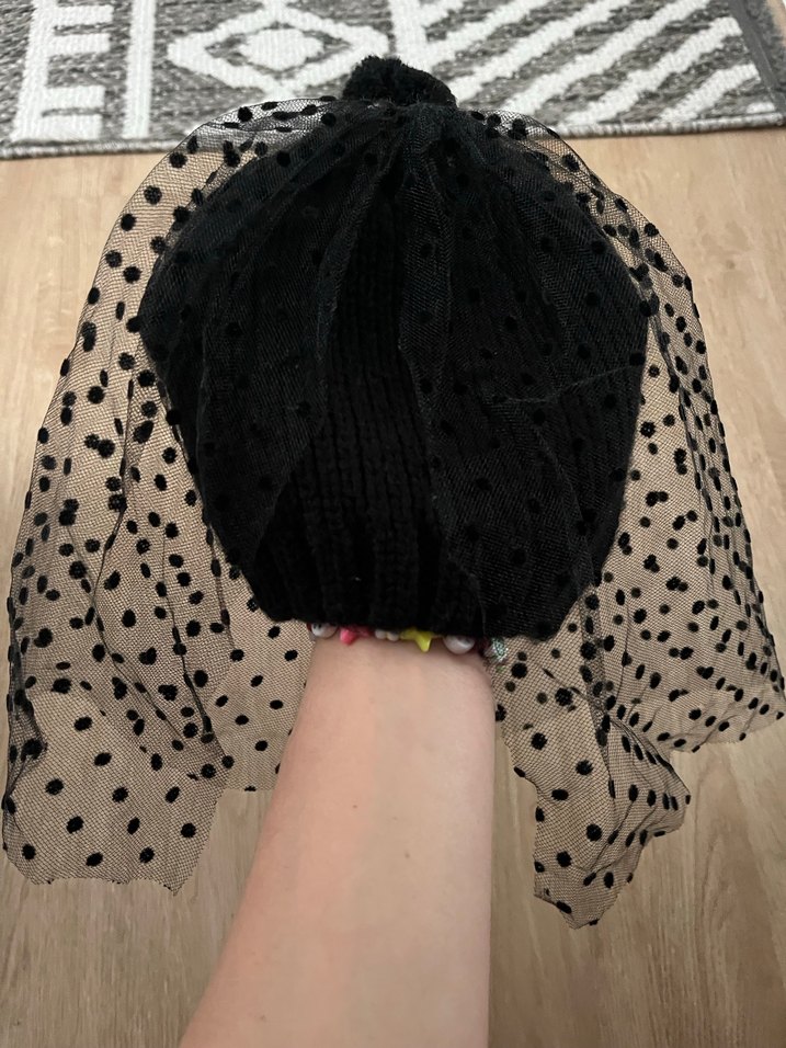 Siyah Puantiyeli Tül Detaylı Kadın Bere - Görsel 3