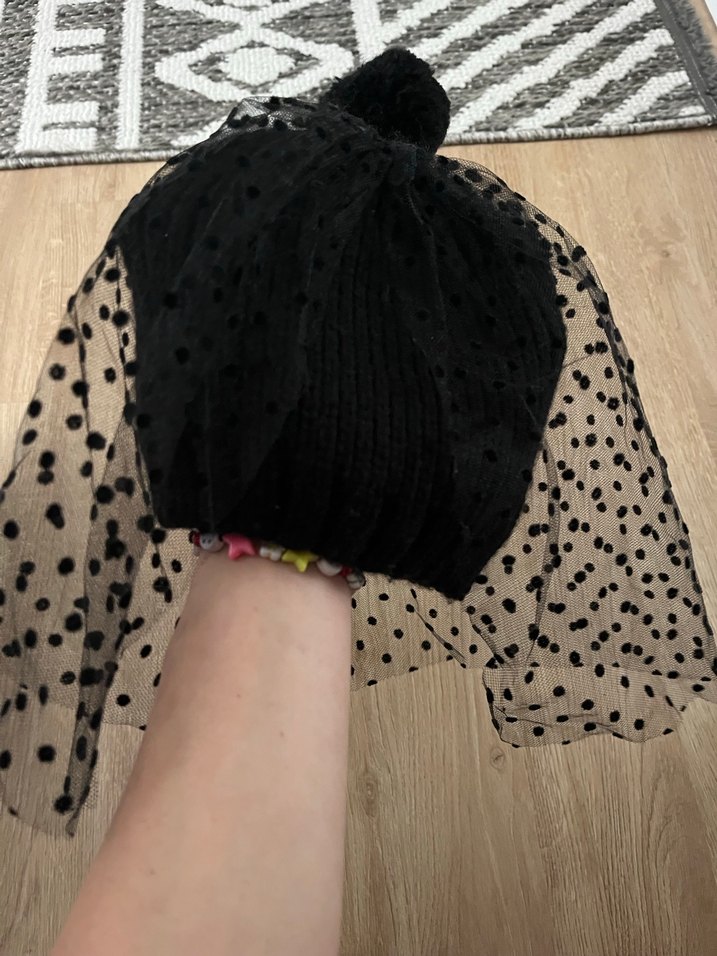 Siyah Puantiyeli Tül Detaylı Kadın Bere - Görsel 5