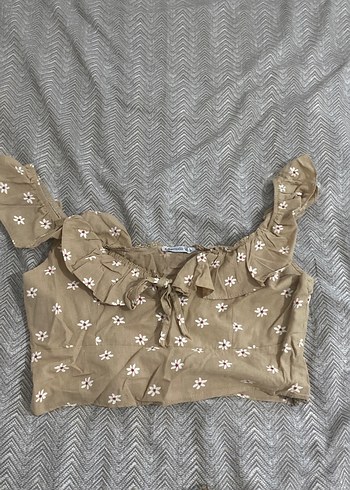 Bej Nakışlı Mini Bohem takım etek crop - Görsel 2