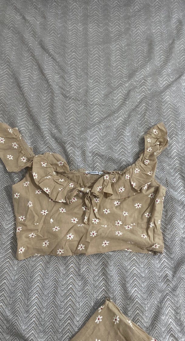 Bej Nakışlı Mini Bohem takım etek crop - Görsel 2