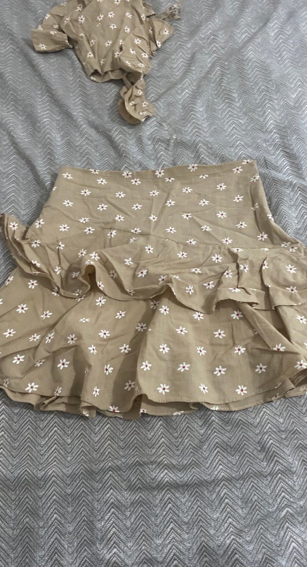 Bej Nakışlı Mini Bohem takım etek crop - Görsel 3