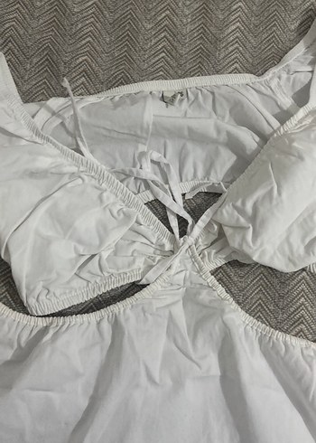 Beyaz V Yaka Midi Keten Elbise - Görsel 3