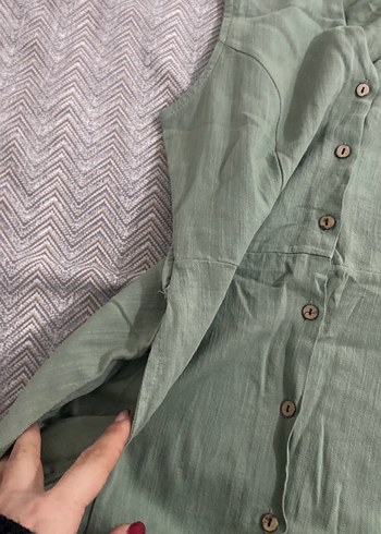 Düğmeli Kolsuz Uzun Keten Elbise - Görsel 2