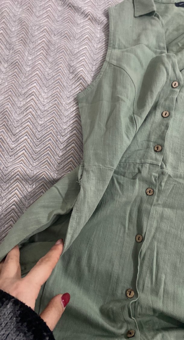 Düğmeli Kolsuz Uzun Keten Elbise - Görsel 2