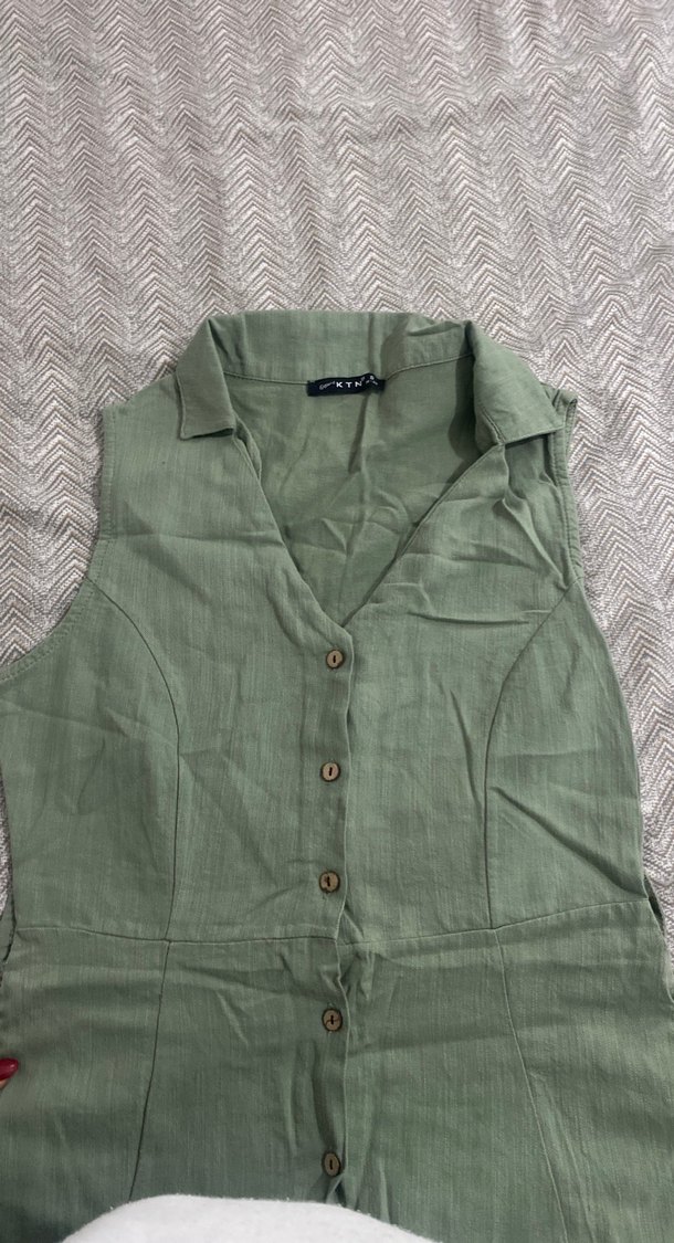 Düğmeli Kolsuz Uzun Keten Elbise - Görsel 3