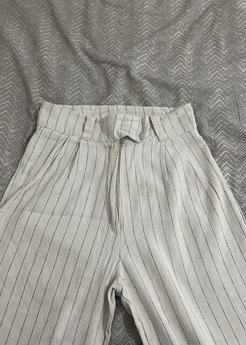 Çizgili Keten Gri Beyaz Pantolon - Görsel 2