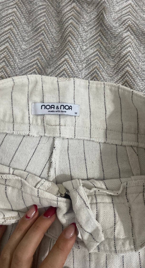 Çizgili Keten Gri Beyaz Pantolon - Görsel 3