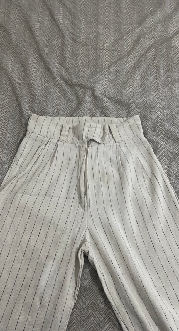 Çizgili Keten Gri Beyaz Pantolon - Görsel 2