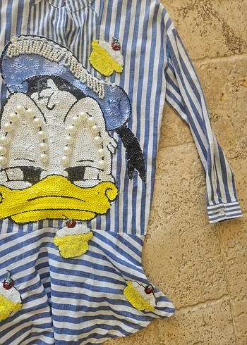 Mavi Çizgili Nakışlı Mini Gömlek - Görsel 10