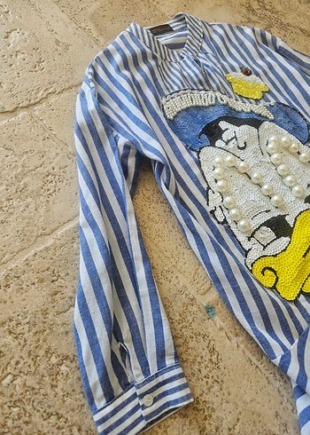 Mavi Çizgili Nakışlı Mini Gömlek - Görsel 7