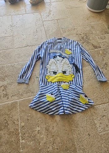 Mavi Çizgili Nakışlı Mini Gömlek - Görsel 9