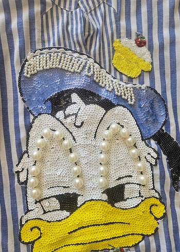 Mavi Çizgili Nakışlı Mini Gömlek - Görsel 11