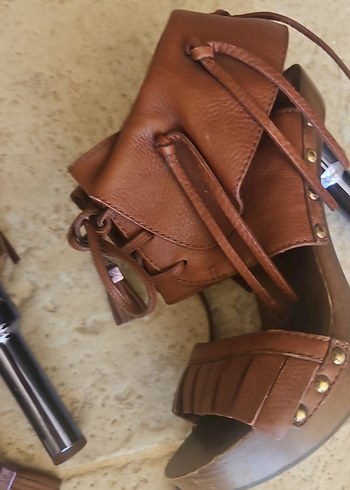 Bohem Tarzı Kahverengi Deri Platform Topuklu Sandalet - Görsel 9