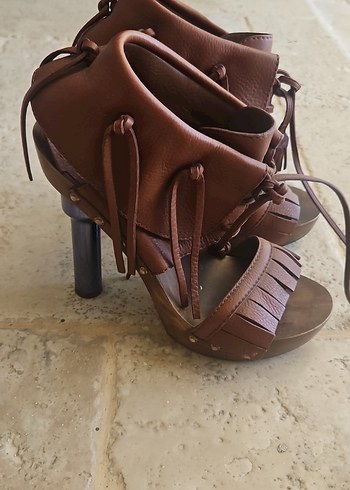 Bohem Tarzı Kahverengi Deri Platform Topuklu Sandalet - Görsel 5