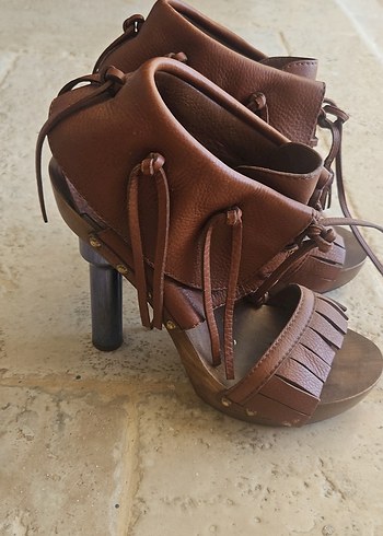 Bohem Tarzı Kahverengi Deri Platform Topuklu Sandalet - Görsel 6
