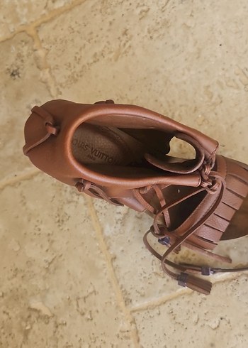 Bohem Tarzı Kahverengi Deri Platform Topuklu Sandalet - Görsel 4