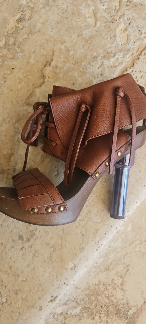 Bohem Tarzı Kahverengi Deri Platform Topuklu Sandalet - Görsel 3