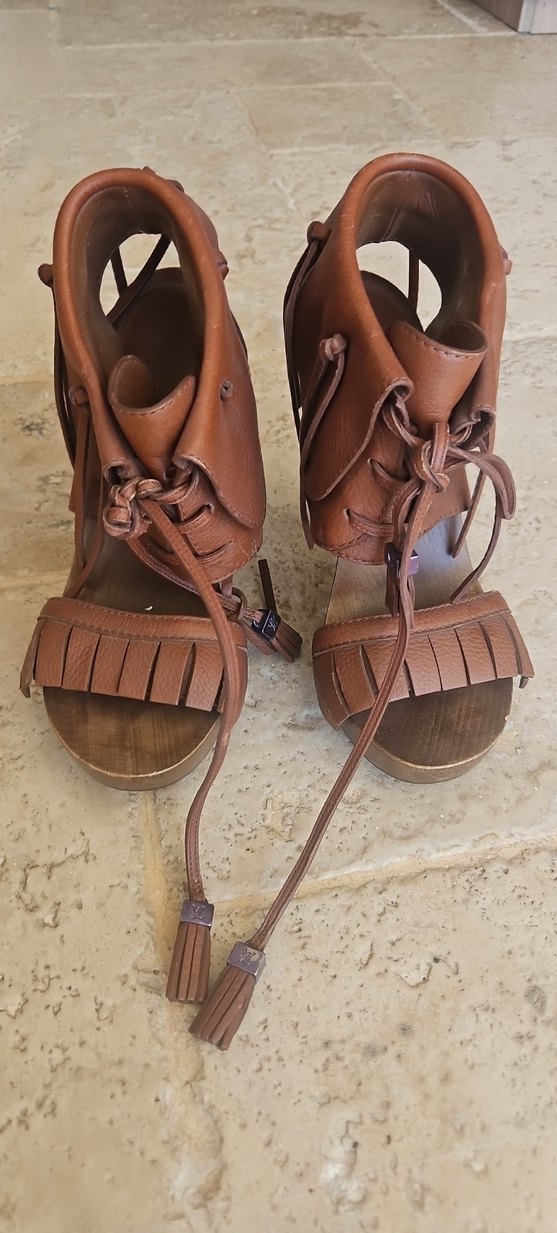 Bohem Tarzı Kahverengi Deri Platform Topuklu Sandalet - Görsel 2