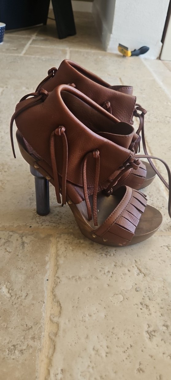 Bohem Tarzı Kahverengi Deri Platform Topuklu Sandalet - Görsel 5
