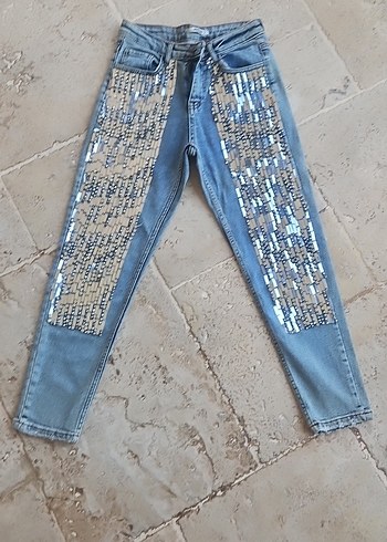 Payet strass İşlemeli Kadın Mavi Denim Jean - Görsel 5