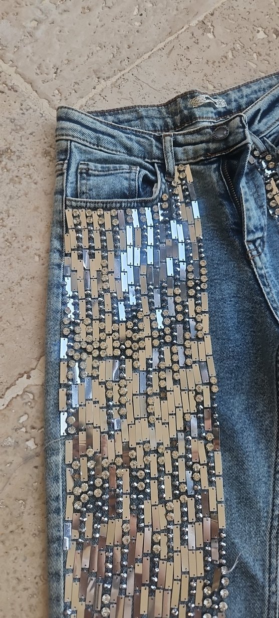 Payet  strass İşlemeli Kadın Mavi Denim Jean - Görsel 2