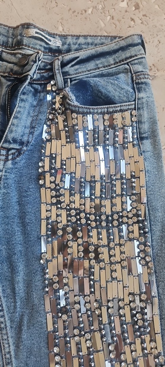 Payet  strass İşlemeli Kadın Mavi Denim Jean - Görsel 4