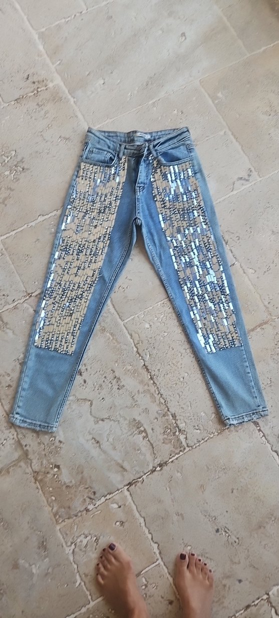 Payet  strass İşlemeli Kadın Mavi Denim Jean - Görsel 5