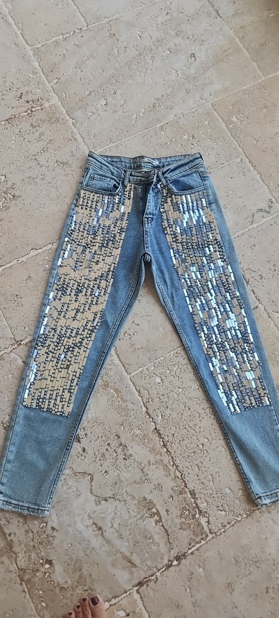 Payet  strass İşlemeli Kadın Mavi Denim Jean - Görsel 3
