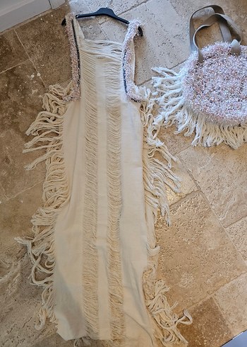 Kadın Beyaz Keten Uzun Drapeli Elbise - Görsel 6