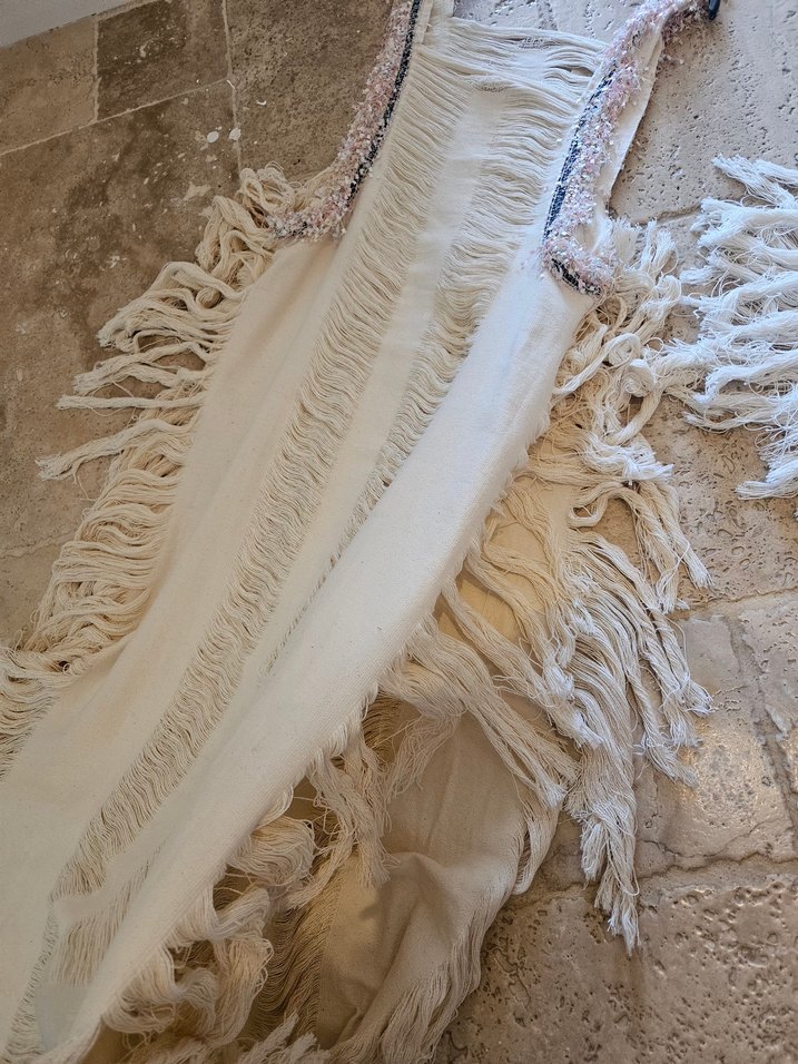 Kadın Beyaz Keten Uzun Drapeli Elbise - Görsel 5